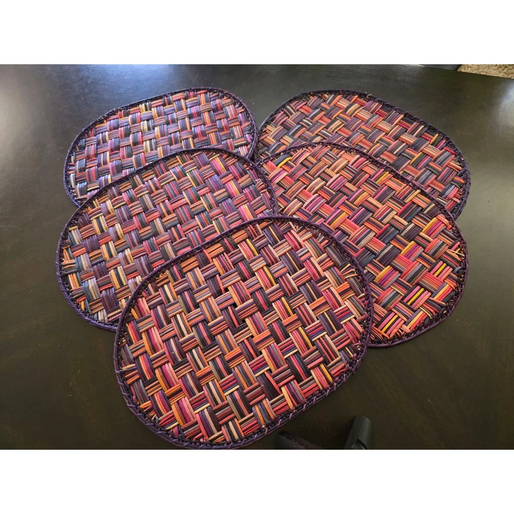 Rare Vintage Boho Rattan Multicolor Woven Oval Placemats One Size 5pcs